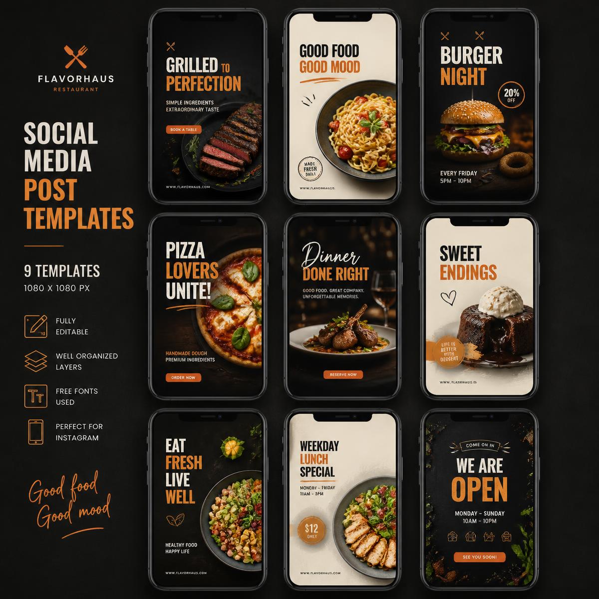 Examples of the 86 free restaurant social media templates
